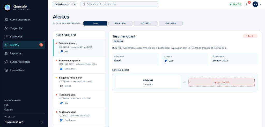 Écran Alertes Qapsule : alerte actionnable avec sévérité et contexte