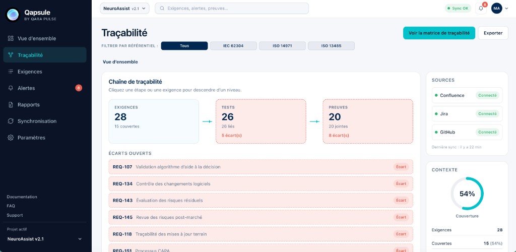 Écran Traçabilité Qapsule : détection d'écarts sur la chaîne exigences–tests–preuves