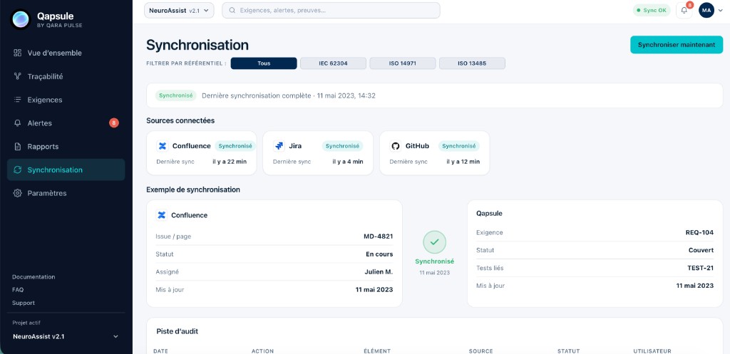 Écran Synchronisation Qapsule : sync avec Confluence, Jira et GitHub